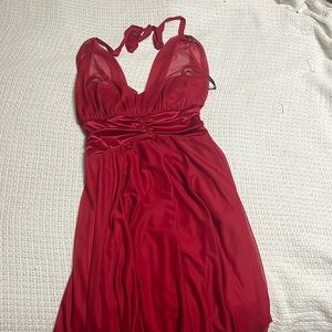 Dark red round the neck strapless open back dress